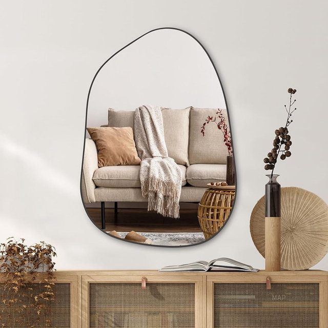 PERFNIQUE Irregular Wall Mirror Asymmetrical Mirror, 28''x20'' Black Wood Framed Mirror for Bathroom Bedroom Living Room Entryway, Decorative Modern Wall Decor, Wall Mounted Mirror (Black, 28''x20'')