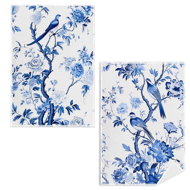 Qpenm Chinoiserie Wildflower Bird Kitchen Towels Set of 2 - Retro Chinoiserie Tea Waffle Weave Towels for Kitchen Decorative, Chinoiserie Farmhouse Dish Towels Waffle Weave 16 X 24 Inch