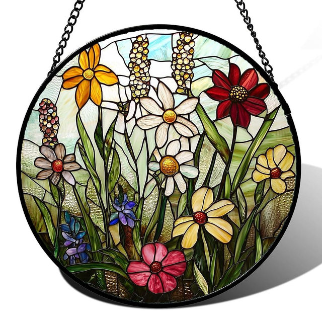 DASTOLL Stained Glass Window Hanging, Colorful Wildflowers Plant Scenery Suncatcher for Doors Window Home White Green Sun Catchers Decor Mother's Day Birthday Gifts for Women, Men Mom 6.3 in