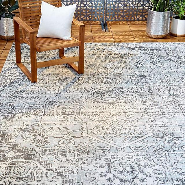 Home Dynamix Nicole Miller Patio Sofia Fleur Indoor/Outdoor Area Rug 7'9"x10'2", Traditional Grey/Blue