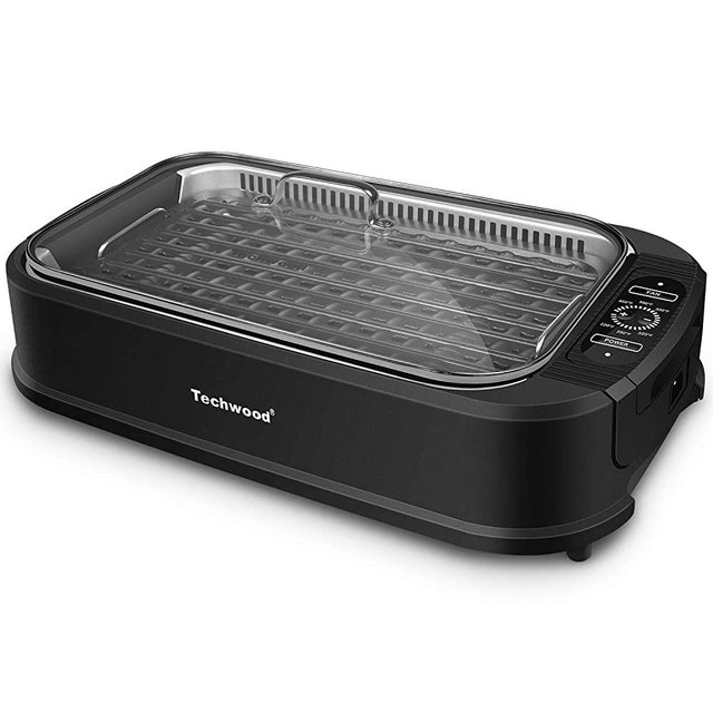 Techwood Indoor Smokeless Grill 1500W Power Electric Grill with Tempered Glass Lid, Compact & Portable Non-stick BBQ Grill withTurbo Smoke Extractor Technology, LED Smart Control panel