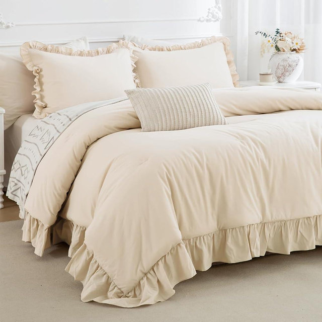 CozyTide Cotton King Size Comforter Set,Farmhouse Shabby Boho Chic Bedding Ruffled King Comforter Vintage Rustic French Country Bedding Sets 3 Pieces (1 Ruffle Comforter + 2 Pillowcases)