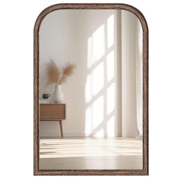 Acovy 20"x30" Solid Wood Bathroom Mirror Arch Tempered Glass for Wall Mounted, Rustic Wood Frame Wall Mirror Decorative for Living Room Bedroom Vanity Mirror Entryway Mirror, Rustic Brown