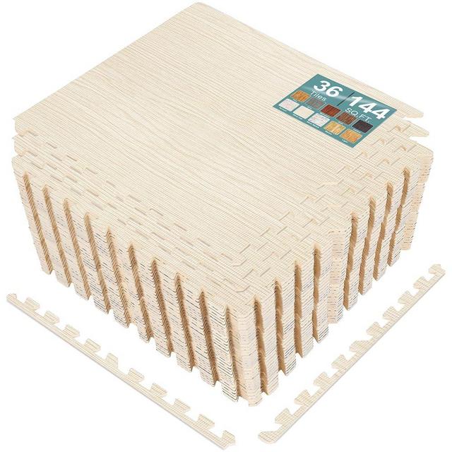 Sorbus Wood Grain Floor Tiles Foam Mat EVA Interlocking Mats Tile 3/8-Inch Thick Flooring Wood Puzzle Exercise Mats w/Borders - Home Playroom Basement, Apartment, Trade Show, Baby, Dance
