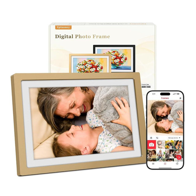 Frameo Digital Photo Frame WiFi Champagne Gold Frame 10.1 Inch Picture Frame with 1280x800 HD IPS Touchscreen, Built-in 32GB, Send Photo Video via Frameo App/USB/SD, Gifts for Women Men