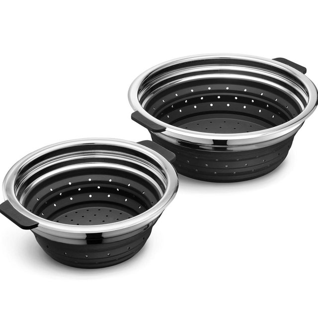 HexClad 2-Piece Steamer Basket Set for Steaming and Draining, Fits HexClad's 3 and 8Qt Pots, Dishwasher-Safe, Space-Saving Design, Heat-Safe to 425ºF, Non-Slip Handles, Silicone and Stainless Steel