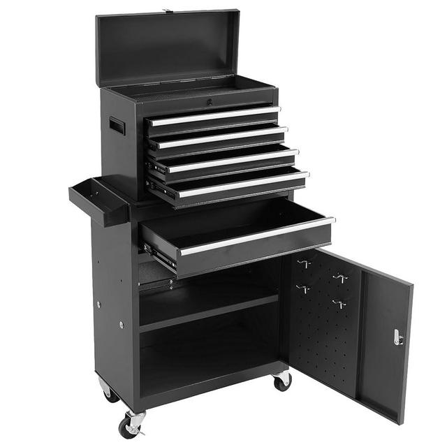 WAYTRIM 5-Drawer Rolling Tool Chest, Removable Tool Cabinet Box with Wheels and Drawers, Tool Cabinet Storage Box, Adjustable Shelf, Portable with Wheels and Lock for Warehouse, Repair Shop, Garage (Black)