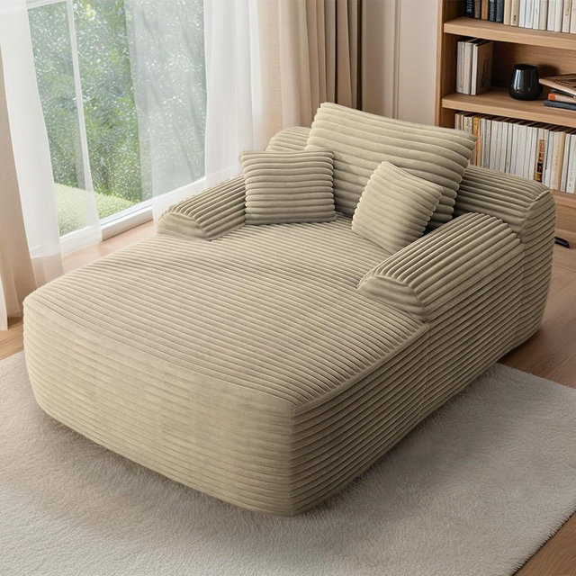 Yomsum 65'' Chaise Lounge Chair Indoor, Beige Plush Corduroy Cloud Couch, Fluffy Oversized Sofa Bed for Bedroom Living Room, Comfy Boneless Reading Longue Chair Sleeper Sofa No Assembly