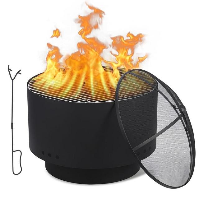GarveeLife 26 inch Fire Pit, Outdoor Smokeless Fire Pits for Wood Burning, Mesh Lid, Cooking Grate, Cover, Portable Patio Bonfire Pit for Outside BBQ, Yard, Garden, Camping