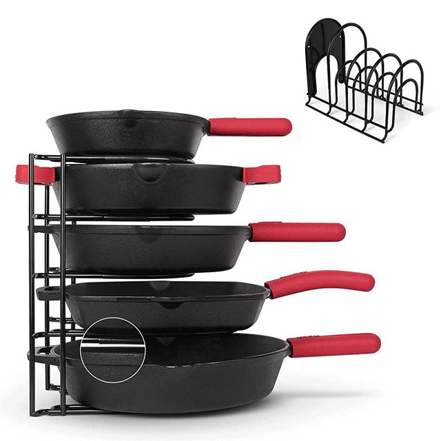 Pan Organizer - Silicone-Coated Non-Slip 12" Heavy Duty Skillet Rack - Kitchen Counter/Cabinet Organization Storage - Holder for Cookie Sheet, Cutting Board, Cast Iron Cookware, Dish, Pot, Lid Stand