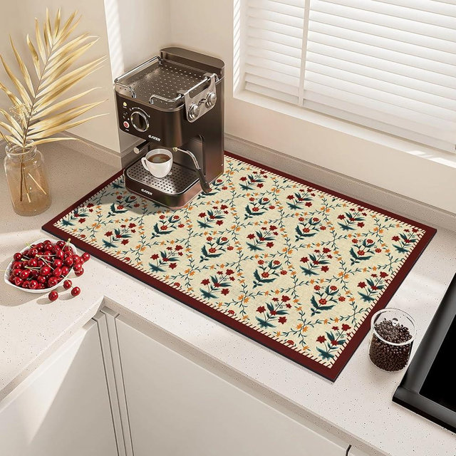 Coffee Mat Dish Drying Mat Hide Stain High Absorbent Bar Mat for Countertops Easy Clean,Fit Under Coffee Maker Machine And Accessories-16"x24",Vintage Small Flowers