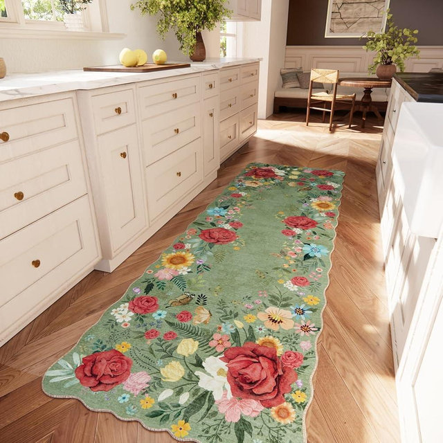 NoiFamo Kitchen Rug Runners for Hallways: 2'6''x8' Washable Runner Rugs for Kitchen Ultra Thin Stain Resistant Non Slip Low Pile Lightweight Vintage Floral Carpet for Laundry Room Decor (Green)