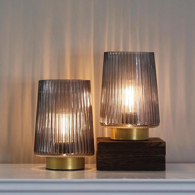 LUSHARBOR Battery Powered Lamp with Timer, Cordless Small Table Lamps Battery Operated with LED Bulb, Decorative Bedside Lamp for Living Room Grey 2Pack