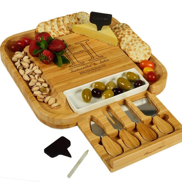 Custom Personalized Engraved Bamboo Cutting Board for Cheese Charcuterie with Ceramic Dish, Knife Set Cheese Markers -by Picnic at Ascot USA