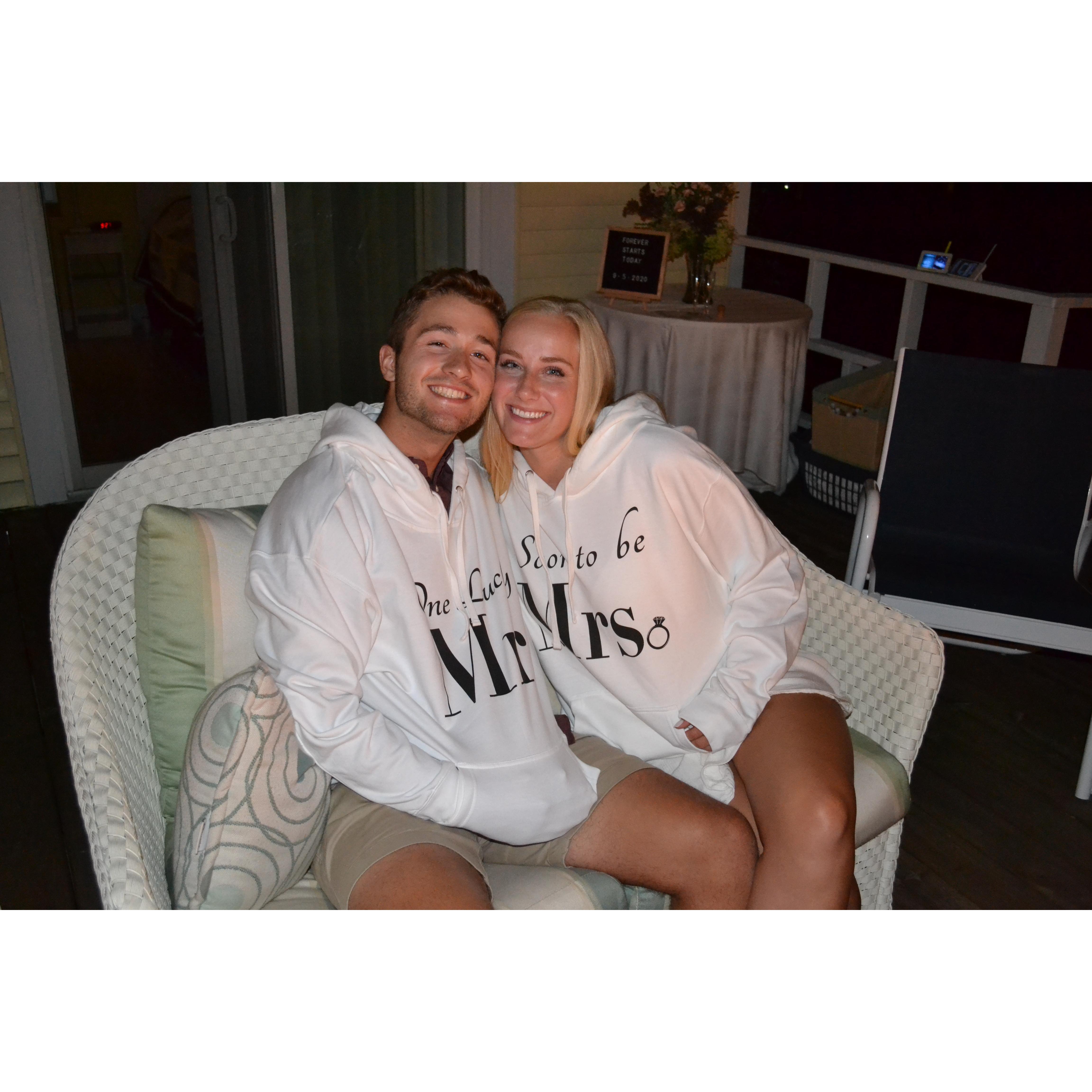 Timmy, a family friend, made us these sweatshirts as an engagement gift!