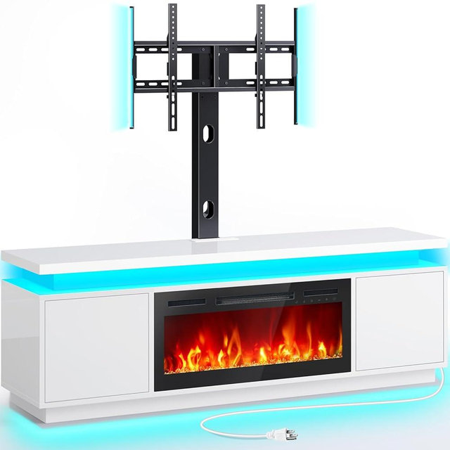 Rolanstar Fireplace TV Stand with Led Lights and Power Outlets, TV Stand Mount with 30" Electric Fireplace, White Entertainment Center for 45/50/55/60/65/70 inch TVs, Modern TV Console for Living Room