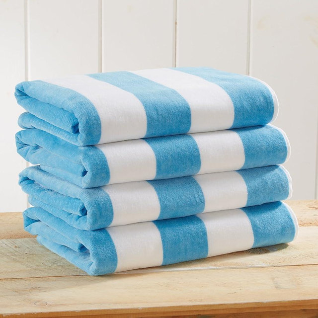 Great Bay Home 100% Cotton Velour Oversized 4 Pack Beach Towels 35" x 70" - Blue Cabana Pool Towels - Quick Dry, Large Swim Towels for Adults and Kids
