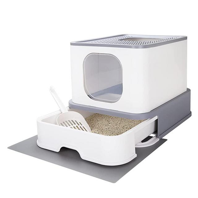 RIZZARI Large Foldable Cat Litter Box,Top Entry Cat Litter Box with Lid,Anti-Splshing Cat Kitty Litter Pan Easy Cleaning and Scoop (Upgrade,Light Gray)