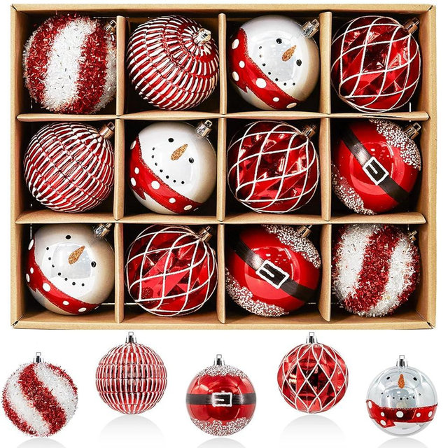 JORNOY Christmas Tree Ornaments Set of 12, 3.15inch/80MM Shatterproof Plastic Xmas Tree Ball Ornaments Bulk Decorative Hanging Baubles for Xmas Tree Decor Holiday Party Decorations, Red & White