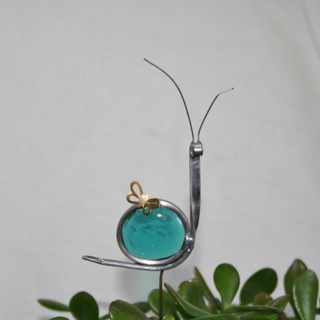 Stained Glass Teal Blue Snail Plant Stake,...
