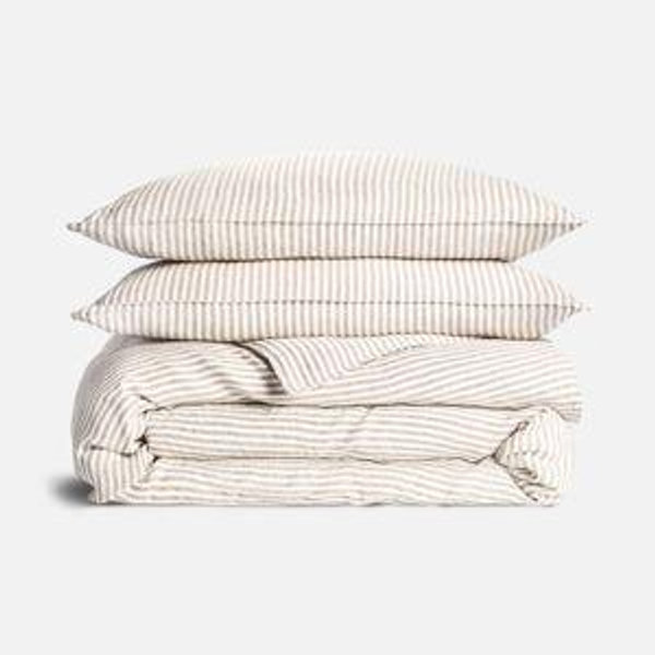 Washed European Linen Duvet Set - Full/Queen (Oxford Stripe in Oat Chambray)