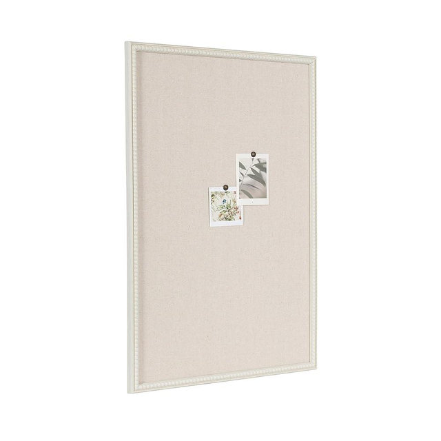 Kate and Laurel Makenna Rectangle Framed Linen Fabric Pinboard; 24 x 36; Soft White; Traditional Beaded Bulletin Board for Vintage Home Wall Organization or Aspirational Vision Board