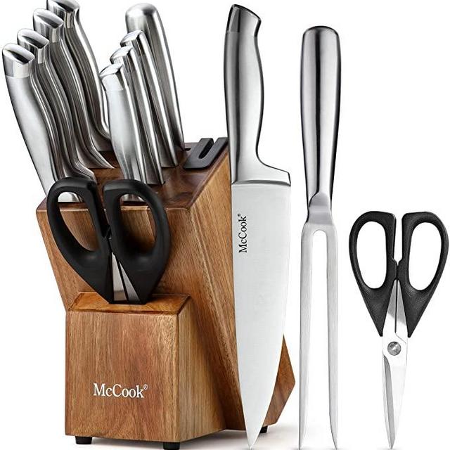 McCook MC35 Carving Knife Sets,11 Pieces German Stainless Steel Hollow Handle Self Sharpening Kitchen Knife Set in Acacia Block