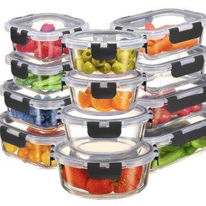 FineDine Glass Storage Containers with Lids - Leak Proof, Dishwasher Safe Glass Food Storage Containers for Meal Prep or Leftovers (Black, 24 Piece)