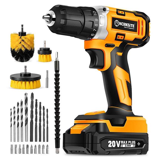 Cordless Drill/Driver Kit, 20V MAX 3/8" Compact Drill Set with 2.0A Battery, Charger & Cleaning Brushes, 309 In-lbs Max Torque, 26pcs Accessories for Drilling Wood Metal, WORKSITE