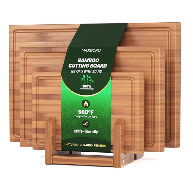Bamboo Cutting Board Set of 3, Durable Wooden Chopping Boards with Distinctive Stand & Juice Grooves, Ideal for Meat, Vegetables, Fruit, Charcuterie Prep & Serving, Kitchen Essentials, Gifts for Mom