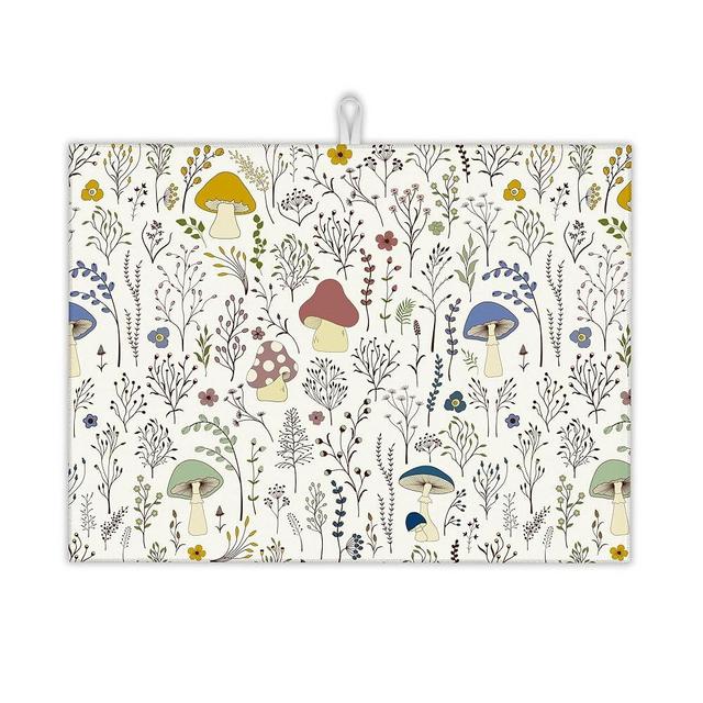 UIUPRO Mushroom Flowers Dish Drying Mat,Wild Plants Fungus Drying Rack Pad Countertop Dishes Ultra Absorbent Microfiber Kitchen Counter Mat for Coffee Countertop Decor 18x24 Inch