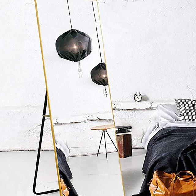 TinyTimes 65"×22" Full Length Mirror, Floor Mirror with Stand, Full Body Tall Mirror, Leaning, Free Standing or Wall-Mounted, Brushed Thin Frame, for Bedroom, Living Room, Dressing Room Decor - Gold
