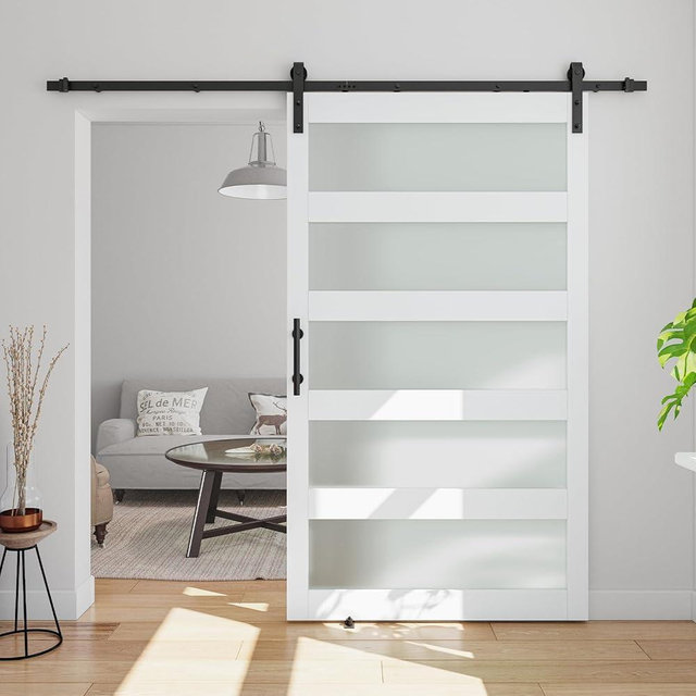 COSHOMER 48in x 84in 5-Panel Sliding Glass Barn Door with 8ft Hardware Kit Included, Easy Assembly with Pre-Drilled Holes, Waterproof, Frosted Glass for Bathroom-Fit Max Opening 46in x 82in, White