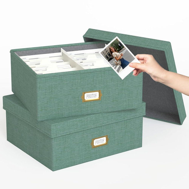 Decorative Photo Storage Box - 2 Pack Linen Photo Box Organizer with Dividers, Fits Holds Up to 1700 Pictures and 4x6 Photos, Memory Keepsake Organizer for Scrapbook Supplies, Cards, Stamps (Green)
