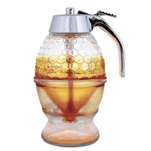 Hunnibi 8oz No Drip Glass Honey Dispenser with Stand - Honeycomb-Style Syrup Server and Bee-Themed Storage Jar - Clear Container for Honey, Maple Syrup - 11 x 6.6 in