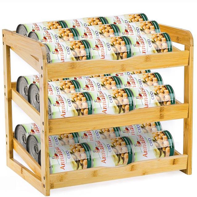 TOPZEA Soda Can Rack Organizer for Pantry, 3 Tier Stackable Can Goods Storage Dispenser Shelf Canned Food Holder Stand for Kitchen Coutertop, Cabinet, Hold up to 36 Cans, Bamboo