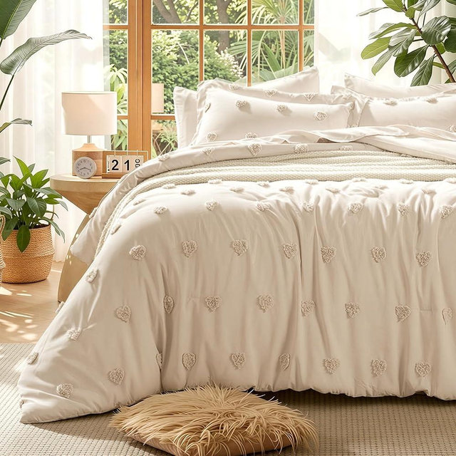Wrenley Vale 7 Pieces Comforter Set King Khaki Tufted Heart Ultra Soft Fluffy Boho Tufted Comforter Set All Season Bed in a Bag Set Shabby Chic Farmhouse Rustic Style Bedding