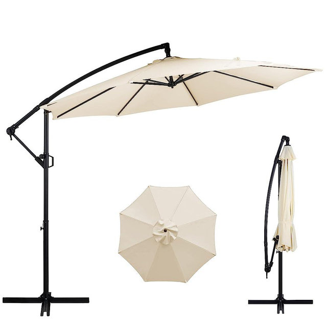 Shintenchi 10FT Patio Offset Umbrella w/Easy Tilt Adjustment,Crank and Cross Base, Outdoor Cantilever Hanging Umbrella with 8 Ribs, 95% UV protection and Waterproof Canopy, Cream White