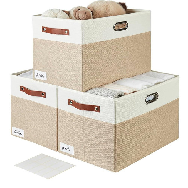 Bagnizer Large Collapsible Fabric Storage Bins with 3 Handles, Foldable Organizer Baskets for Closet, Shelves, Living Room | 3 Pack, Durable PU & Metal Handles (17"x11.8"x11.8", Beige & White)
