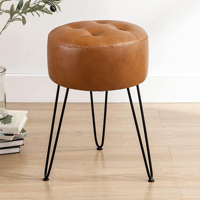 LUE BONA Small Vanity Stool Chair for Makeup Room， Brown Stool for Vanity, 19” Height, Tufted Faux Leather Vanity Chair Stool with Metal Legs, Modern Foot Stool Ottoman for Bedroom, Living Room
