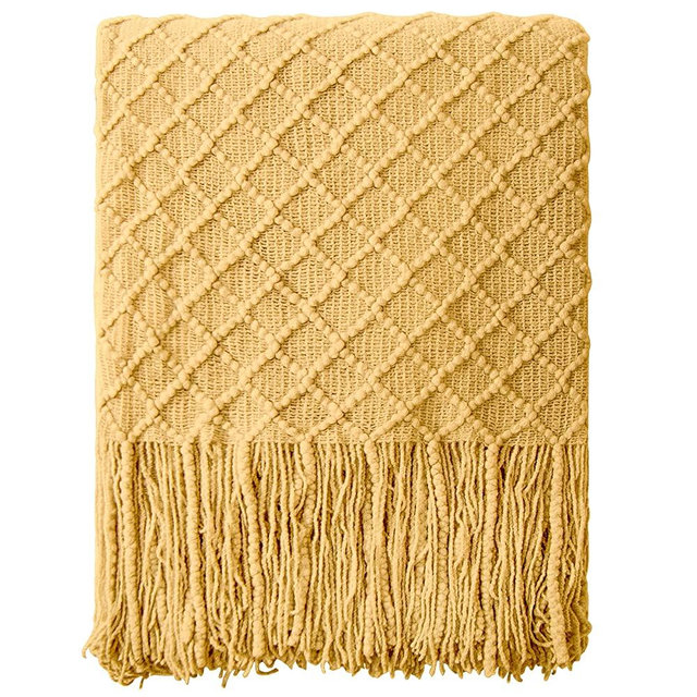 NTBAY Acrylic Knitted Throw Blanket, Lightweight and Soft Cozy Decorative Woven Blanket with Tassels for Travel, Couch, Bed, Sofa, 51 x 67 Inches, Mustard Yellow Checkered