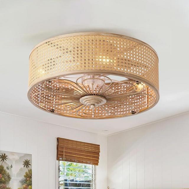 SHIHOT Boho Caged Ceiling Fan with Light Flush Mount, 20 Inch Farmhouse Rattan Fandelier, Remote Control, 3 Speeds, Low Profile Enclosed Small Ceiling Fan for Bedroom Living Room Kitchen