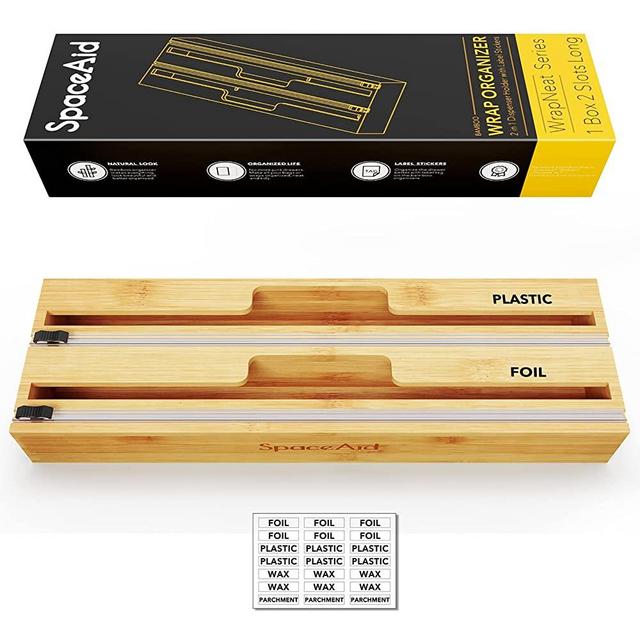 SpaceAid WrapNeat 2 in 1 Long Wrap Dispenser with Cutter and Labels, Plastic Wrap, Aluminum Foil and Wax Paper Dispenser for Kitchen Drawer, Bamboo Roll Organizer Holder, Compatible with 15" Roll