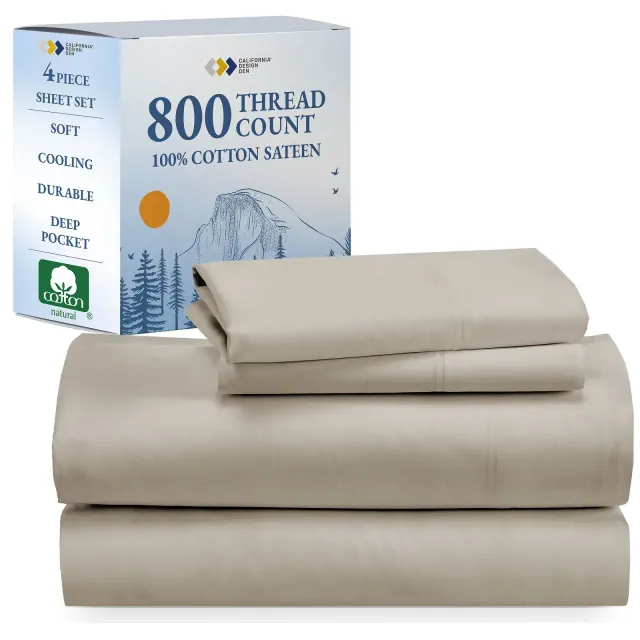 Luxury Bed Sheets Set - 800 Thread Count 100% Cotton Sheets, Deep Pocket, Soft, Cool & Breathable by California Design Den - Beige, Queen