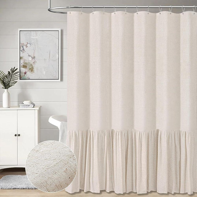 BTTN Beige Farmhouse Shower Curtain - Rustic Heavy Duty Fabric Linen Shower Curtain Set with Ruffle Hem, Machine Washable, Vintage Shabby Chic Cloth Shower Curtains for Bathroom - Beige/Cream - 72x72