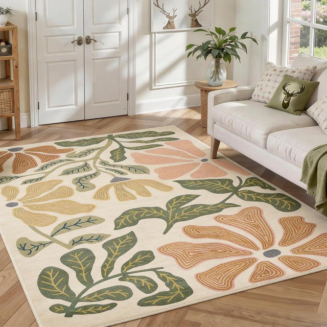 Warmstar 8×10 Area Rug for Living Room,Washable Large Area Rug Non-Slip TPR Backing, Leaf & Floral Print Faux Wool Low Pile Vintage Botanical Carpet for Living Room Bedroom Dining Room, Cream Base