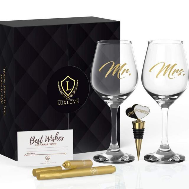 LUXURY MR & MRS WINE GLASS SET FOR COUPLES- Best Engagement Gifts for Her, Bride & Groom, Bridal Shower Gifts, Wedding Gifts For The Couple- FREE Wine Stopper, Glass Marker & Gift Card