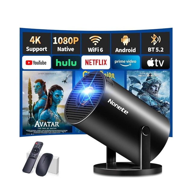 Mini Projector 1080P, 4K Projector Full HD with WIFI 6 and Bluetooth 5.2, Support 180° Rotatable Portable Projector with Auto Keystone Correction, Built-in App Compatible with Phone/HDMI/USB - Black