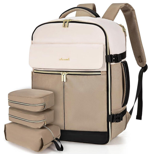 LOVEVOOK Travel Backpack for Women, TSA Carry On Backpack Flight Approved Luggage, 40L Water Resistant Personal Item Daypack Large Weekender Bag fit 17 inch Laptop with 3 Cubes, Beige-khaki-black