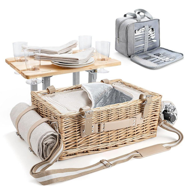 Wicker Picnic Basket Set for 4 with Detachable Table, Utensil Bag, Insulated Liner & Waterproof Blanket-Willow Picnic Hamper for Camping, Outdoor, Couples, Wedding and Birthday Gifts (White Flower)